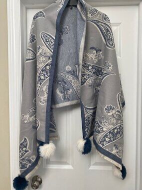 La Fiorentina Paisley Faux Fur Pom-Pom Wrap Scarf 70 x 27